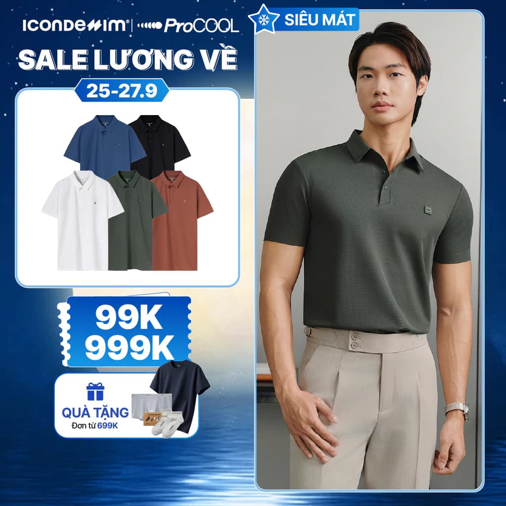 Áo polo nam PROCOOL ICONDENIM form slim-fit, công nghệ hạt làm mát thoáng khí, co giãn 4 chiều, vải mịn ít nhăn PLID0153