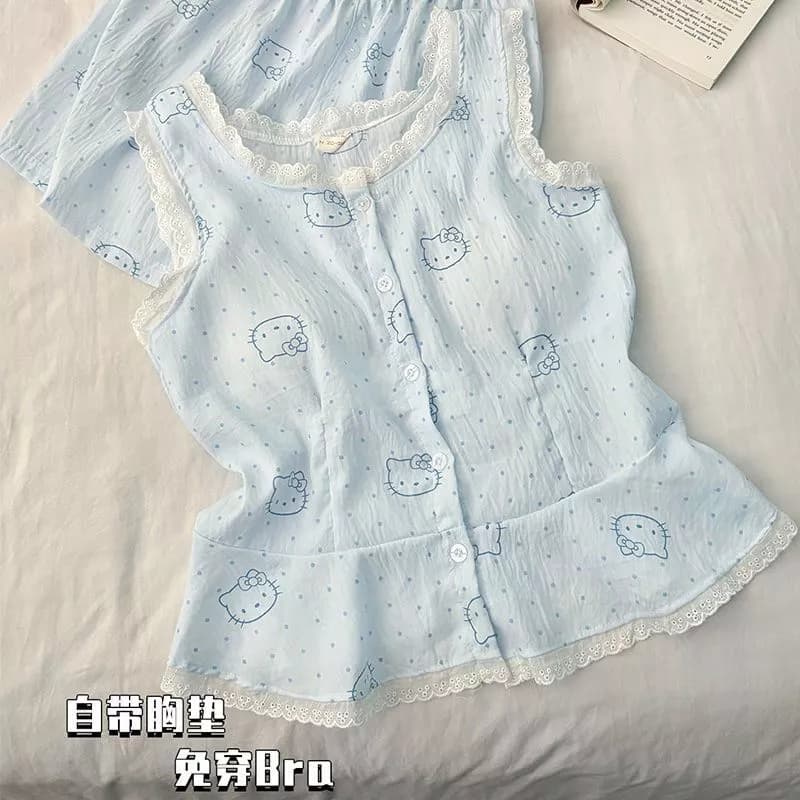 Bộ Đồ Ngủ Có Miếng Lót Ngực Nữ Mùa Hè Mây Cotton Ren Áo Quần Short Hoạt Hình Dễ Thương Loungewear