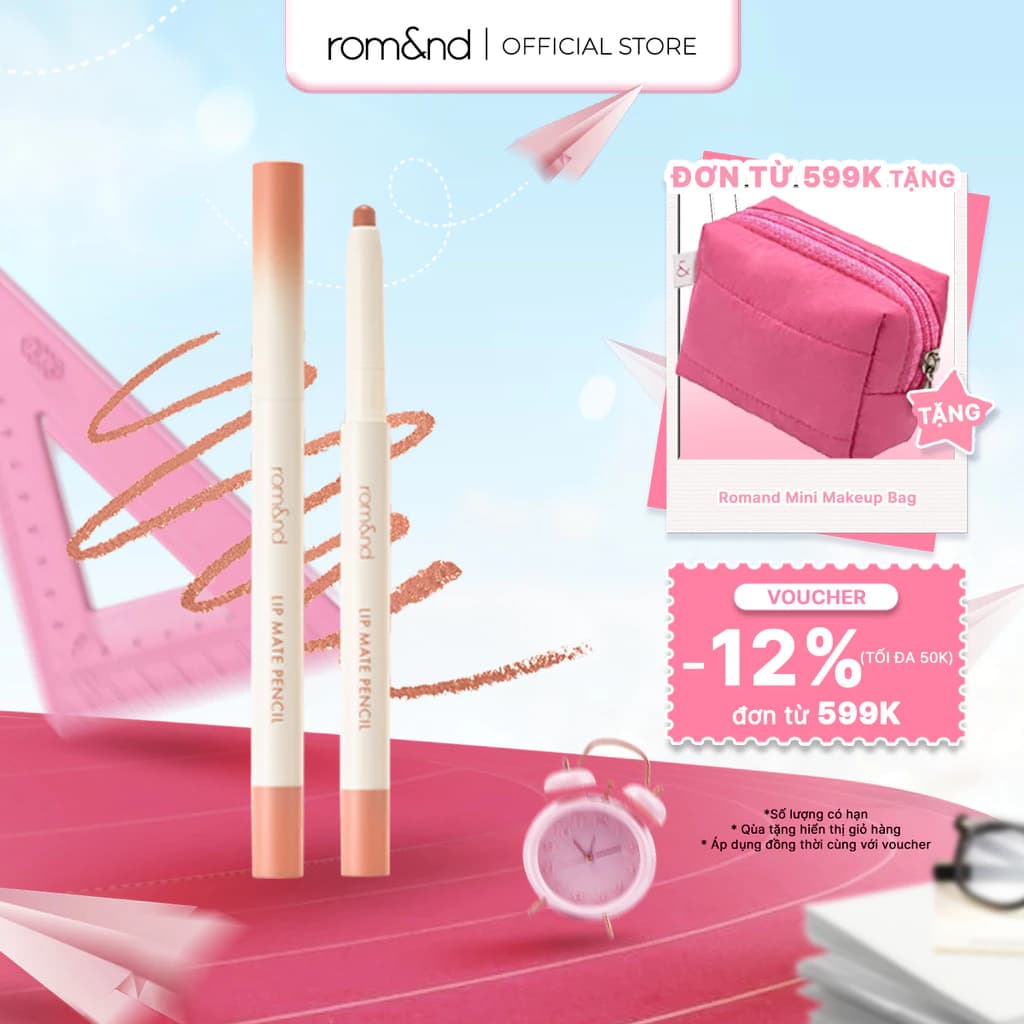 [Rom&nd x KOL] Chì kẻ viền môi mịn lì, kèm cọ tán Hàn Quốc Romand Lip Mate Pencil - Be OVEEER Shade - 0.5g