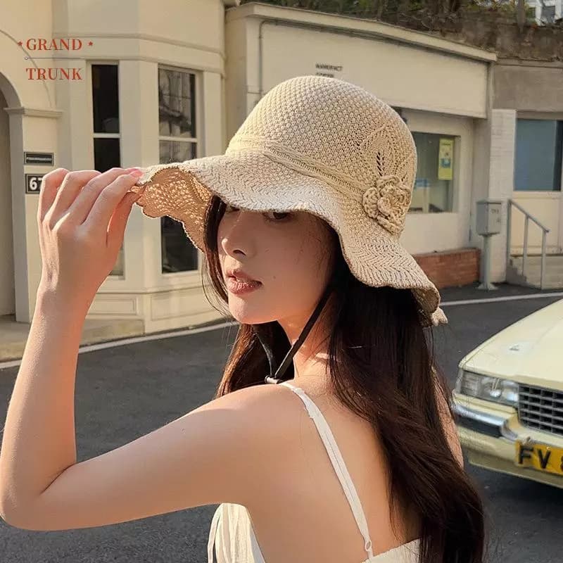 [INVN] Mũ chống nắng bằng rơm ngọt ngào Vành lớn Phong cách Pháp Mũ len dệt kim Mũ che nắng Tính khí Mũ chống nắng Xuân hè Mới