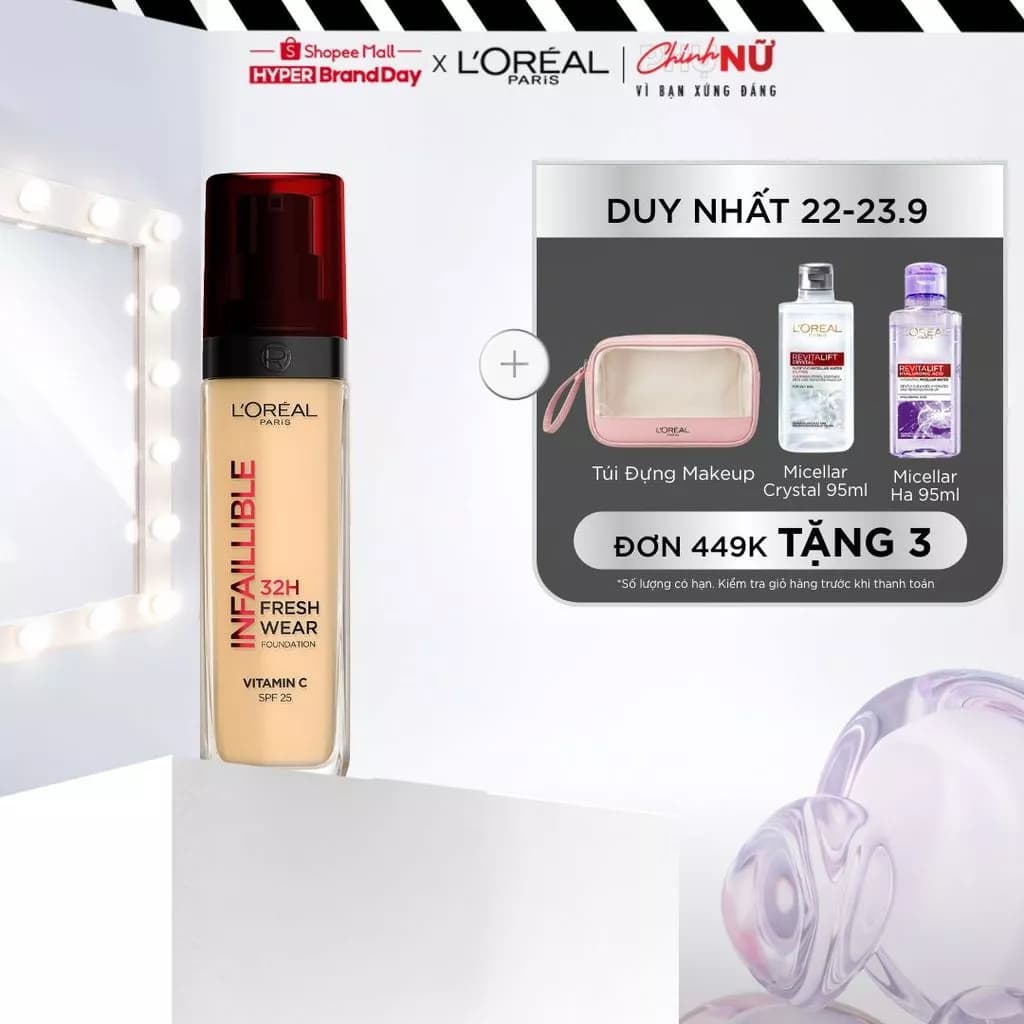 Kem nền che phủ bất bại 32H, tự nhiên như da thật L’Oréal Paris Infaillible 32H Foundation Vitamin C SPF 25 30Ml