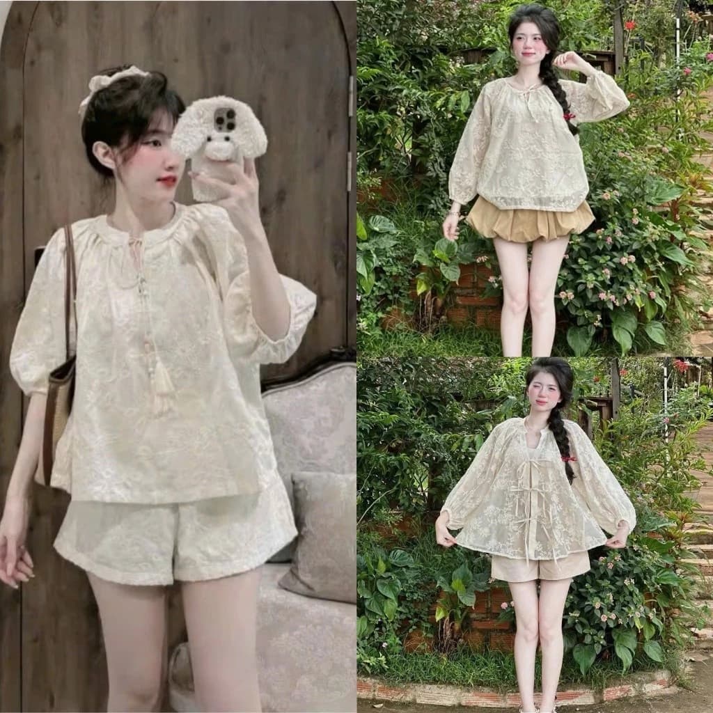 Set bộ đùi - Sét bộ đùi nữ babydoll tiểu thư, sét thô ren thêu 2 lớp cổ tròn cột dây nơ tay lửng phối quần ngắn xinh xắn