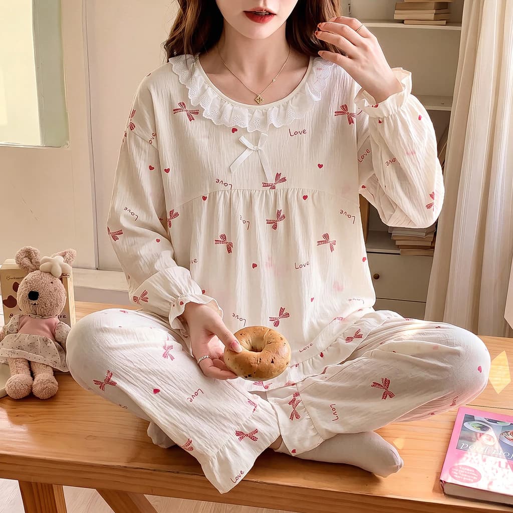 Bộ Đồ Ngủ Nữ Bộ Đồ Ngủ Mùa Thu Đông Tay Dài Đồ Ngủ Người Phụ Nữ Lưới Sọc Mặc Ở Nhà