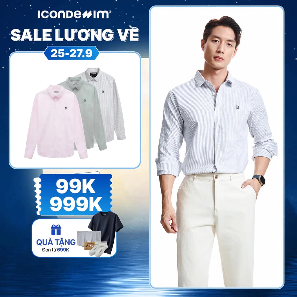 Áo sơ mi nam oxford tay dài ICONDENIM, họa tiết sọc palewave logo thêu tạo điểm nhấn, form slimfit tôn dáng SMID0145