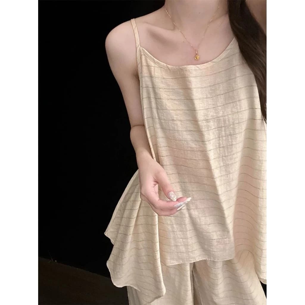 [Pre-Order]-Bộ đồ ngủ sọc thư giãn Hàn Quốc dành cho nữ Đồ ngủ gia đình phong cách lười biếng hợp thời trang Hannie_Oder
