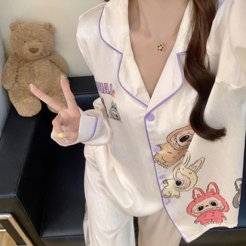 Băng Tuyết Ruy Băng Ngực Miếng Lót Bộ Đồ Ngủ Xuân Thu Dài Tay Quần Hoạt Hình Loungewear Phù Hợp Với