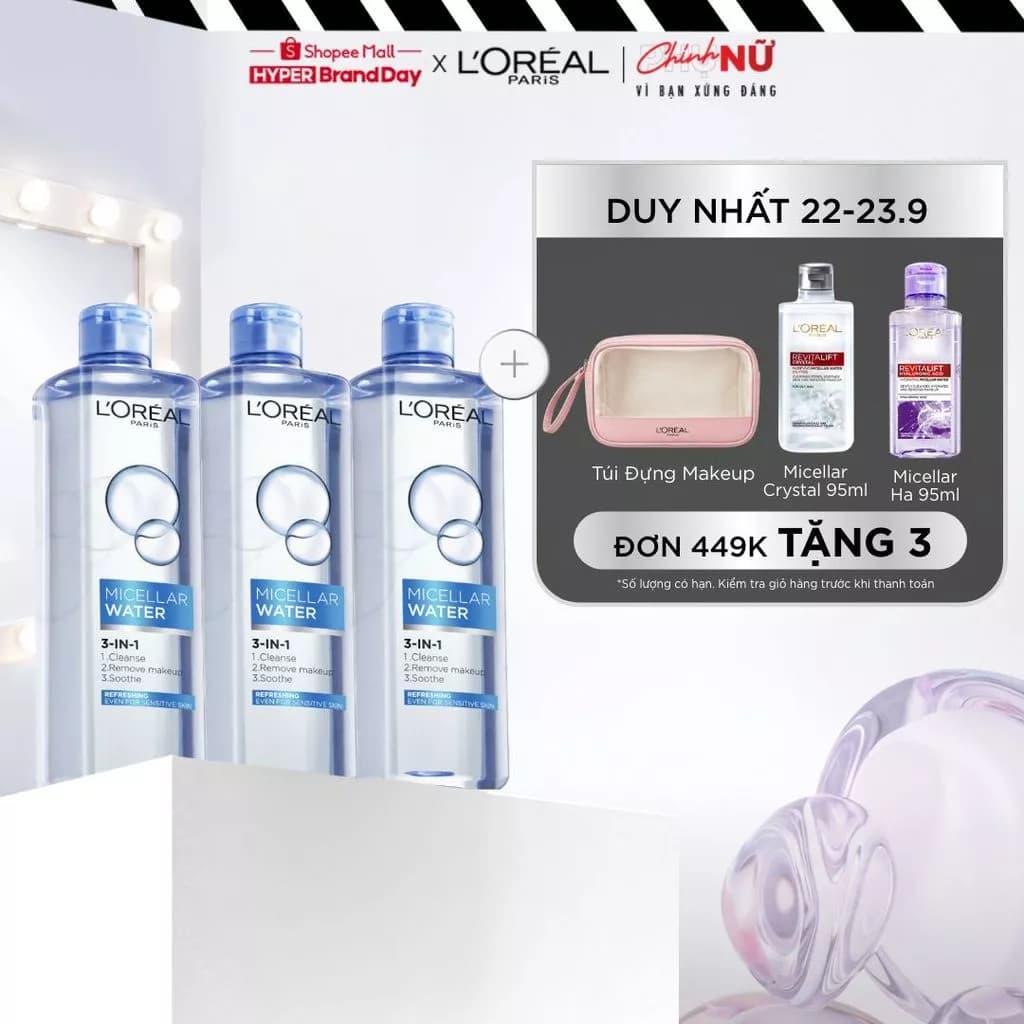 Bộ 3 nước tẩy trang đa năng 3-in-1 L'Oreal Paris Micellar tươi mát cho da dầu, hỗn hợp 400ml x 3