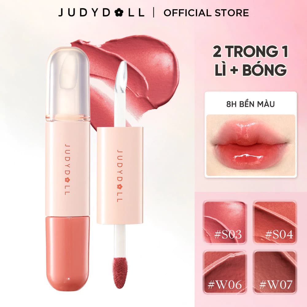 Son Bóng JUDYDOLL 2 Đầu Bóng - Lì Kết Hợp Tráng Gương Dưỡng Ẩm Lấp Lánh Lâu Trôi Mềm Mịn Tint Lì 8 Tiếng 7g