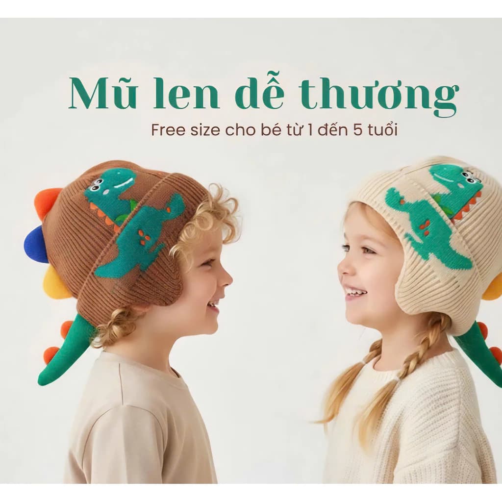Mũ len hình khủng long trùm tai cho bé từ 1-5 tuổi, mũ dệt kim dày dặn, giữ ấm tai, chống gió rét mùa đông