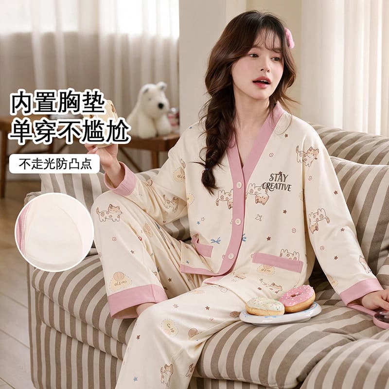 Bộ Đồ Ngủ Có Đệm Bộ Đồ Ngủ Nữ Bộ Thu Đông Tay Dài Đồ Ngủ Người Phụ Nữ Hoạt Hình Dễ Thương Sọc Da Báo In Mặc Nhà