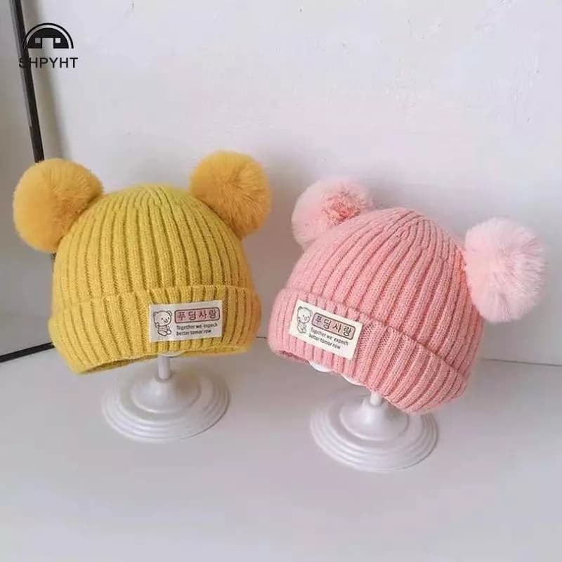 [SHPYHT] Mũ dệt kim ấm áp cho trẻ em mùa đông với Pompom Mũ beanie dệt kim trẻ em màu trơn Mũ trẻ em cho bé trai Phụ kiện mới