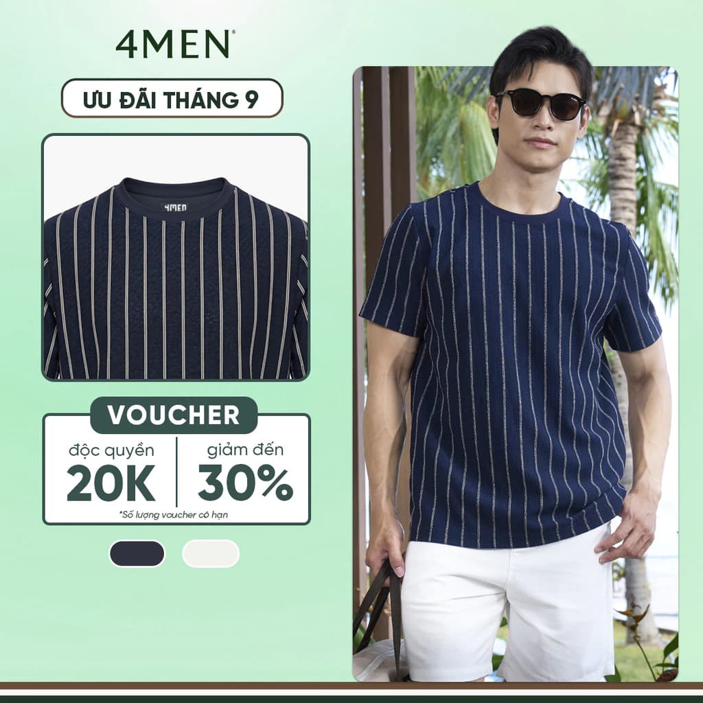 Áo Thun Sọc Cổ Tròn 4MEN Thêu Cánh Buồm Form Regular AT192 Vải Thun Vân, Gọn Gàng, Thanh Lịch