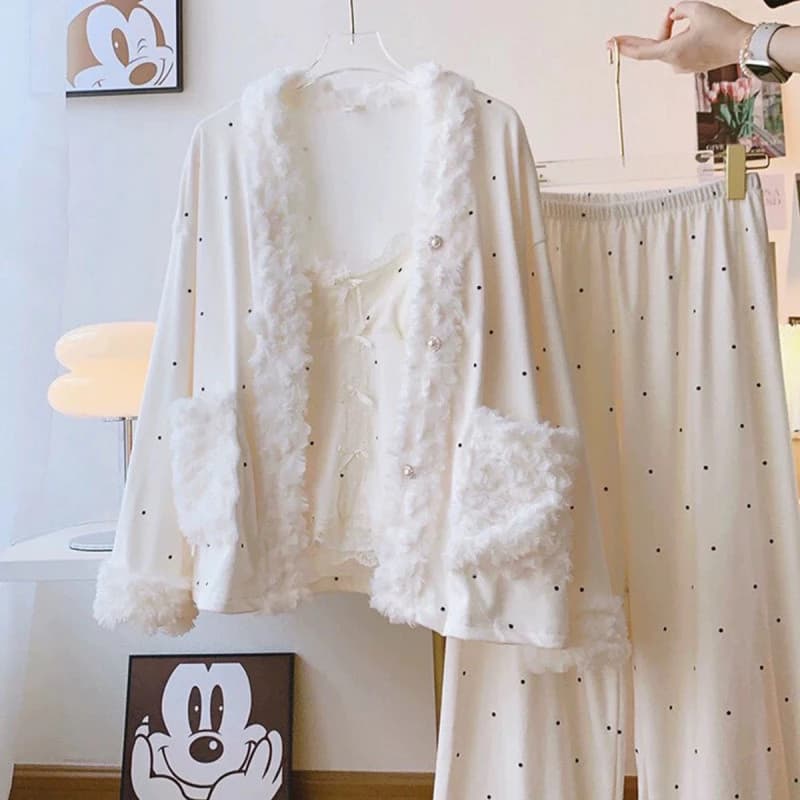 Bộ Đồ Ngủ Ba Mảnh Thu Đông Dài Tay từ Thun Loungewear