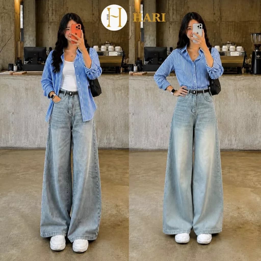 Quần Jean Nữ Hari Ống Rộng Suông Cạp Cao Màu Wash Retro Tôn Dáng Quần Bò Dễ Phối Đồ Đi Học Đi Làm