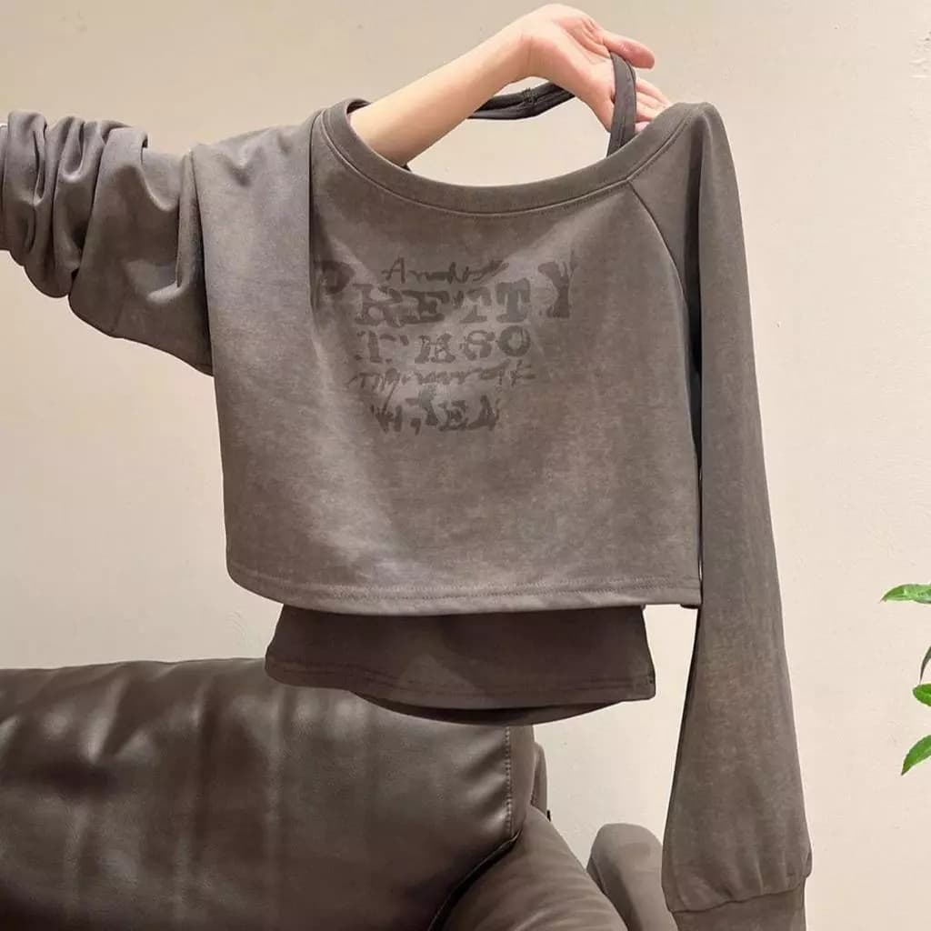 Mùa Xuân Thu Nữ Tắt Vai Góc Vai In Chữ Áo Dài Tay Có Dây Vest Top Hai Mảnh Bộ
