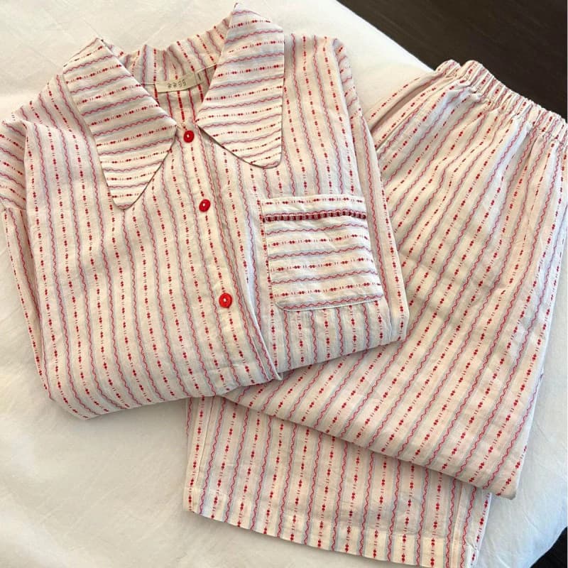 Bộ đồ ngủ mùa xuân thu kiểu Pháp dành cho nữ, quần áo dàistripe cao cấp