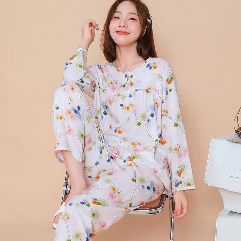 Bộ Đồ Ngủ Nữ Cotton Lụa Mùa Hè Ánh Sáng Thoải Mái Có Thể Thở Tốt Quần Dài Tay Bộ Đồ Ngủ Bộ 2 Món Có Thể We