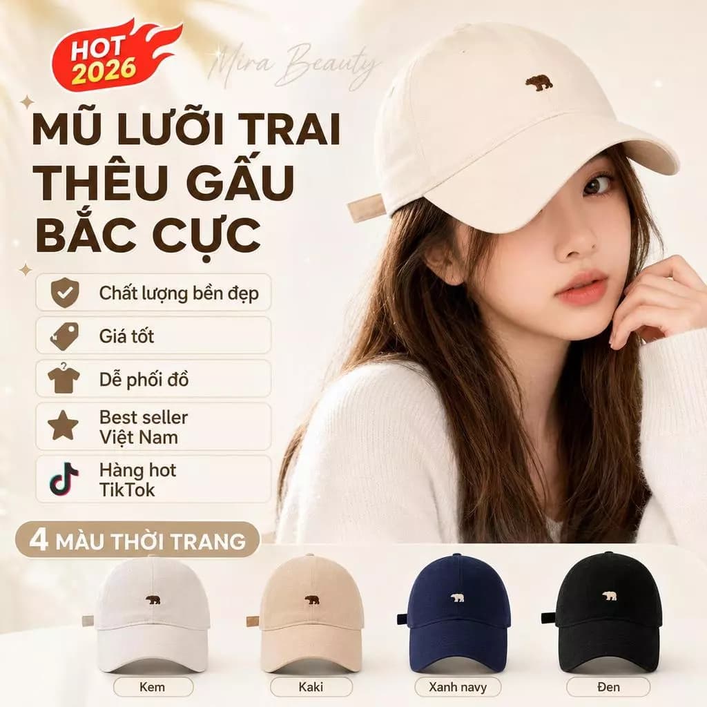 Mũ Lưỡi Trai Thêu Gấu Bắc Cực Unisex, Form Đẹp Chống Nắng, Dễ Phối Đồ, 4 Màu Phong Cách Hàn Quốc