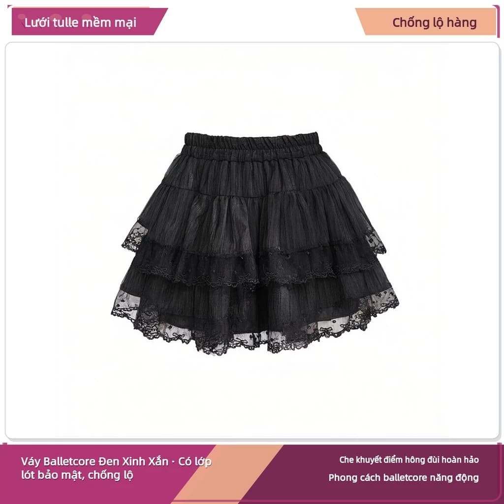 Chân Váy Xếp Tầng Phong Cách Ballet Nữ Hè - Lưới Tulle Ren Đen Cạp Chun Cao Ngang A-Line Chống Lộ Hàng
