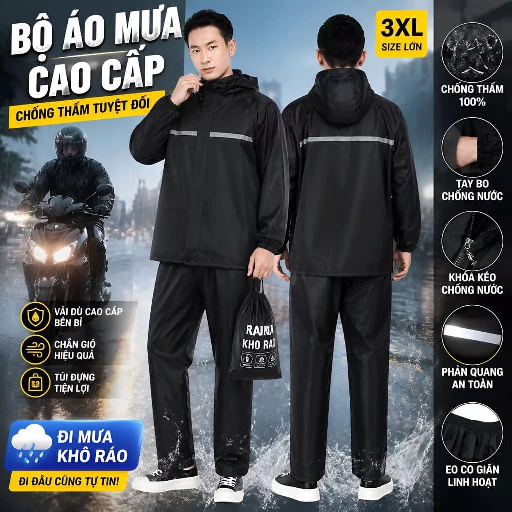 Áo Mưa Bộ Cao Cấp Có Phản Quang Vải poly Loại Vải Cực Và  Tiện Dụng Để Chống Gió Và Lạnh