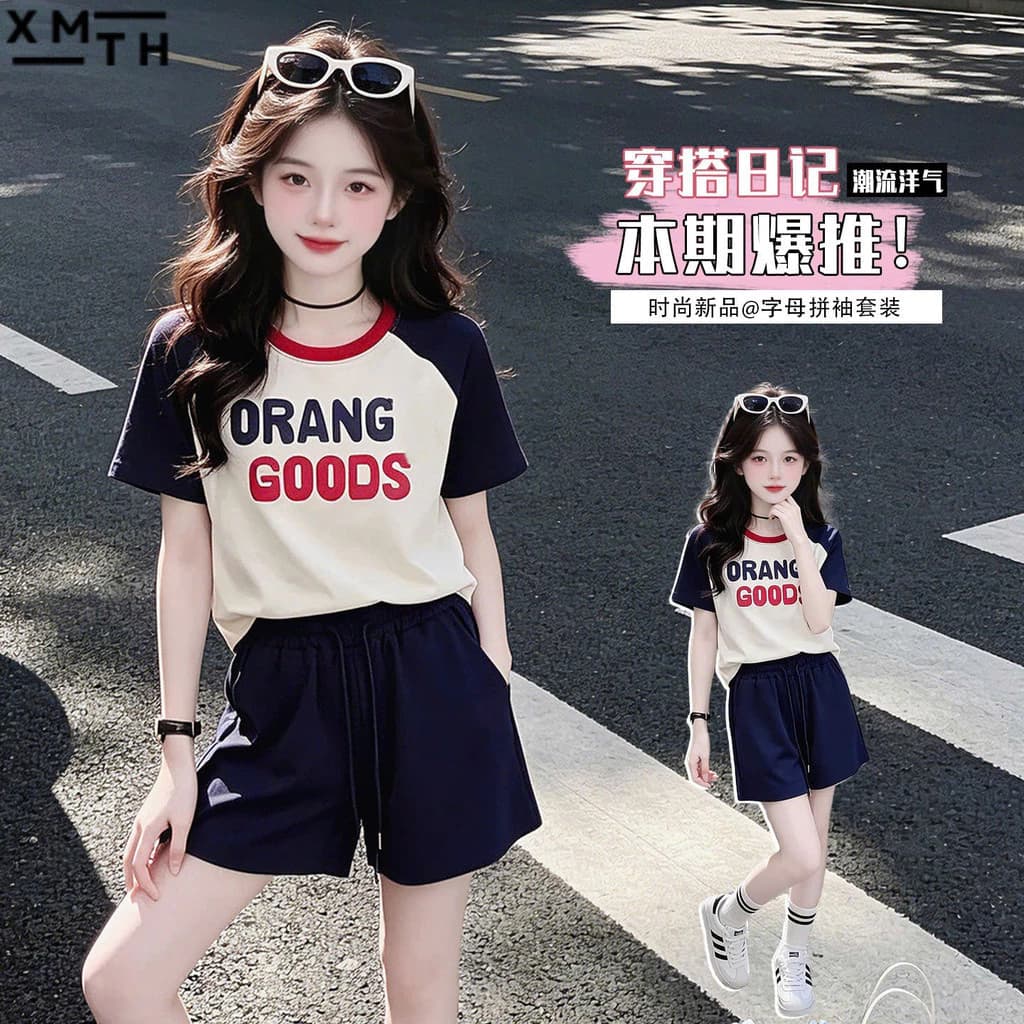 Bộ hè quần short đùi áo phông thun bé gái size đại 18-50kg mẫu Orang. Set đồ hè bé gái 6-14 tuổi chất cotton mềm mát