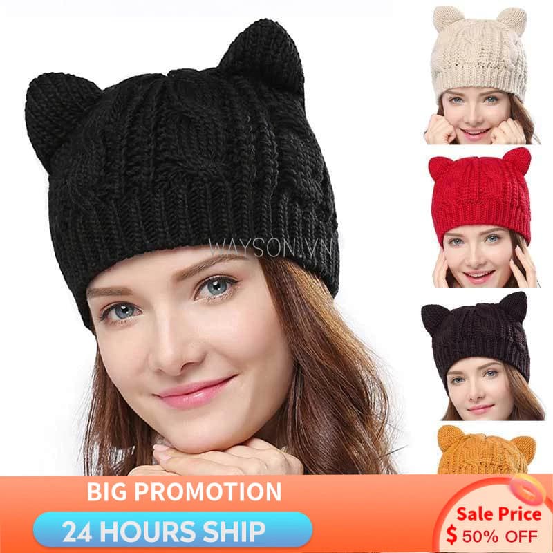 {SẴN SÀNG} Beanie tai mèo dệt kim dễ thương 3D làm bằng tay cho mùa đông
