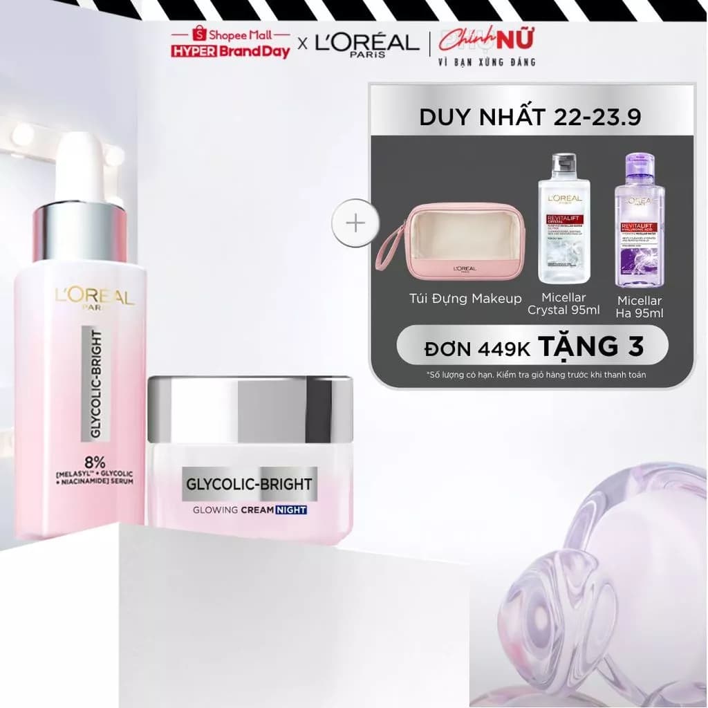 Combo hỗ trợ dưỡng sáng da mờ thâm nám L'oreal Paris Serum Glycolic melasyl 8% 30ml & Kem đêm Glycolic Bright 50ml