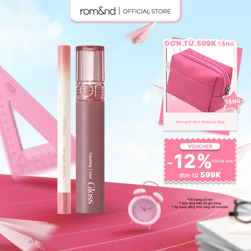 Combo Chì Kẻ Viền Môi Romand Lip Mate Pencil + Son Bóng Romand Glasting Color Gloss