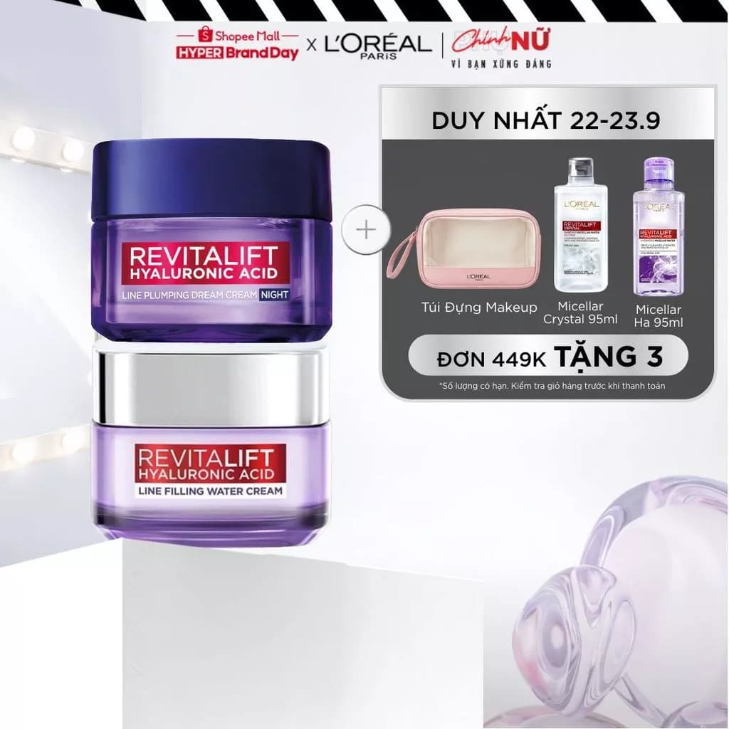 Bộ kem dưỡng ngày và đêm chống rãnh nhăn lão hóa sớm Revitalift Line Hyaluronic Acid L'Oreal Paris 50mlx2