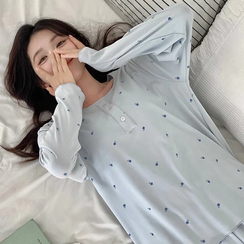 Mùa Thu Đông Phong Cách Mới Bộ Đồ Ngủ Màu Trơn Rời Có Miếng Lót Ngực Hai Mặt Chải In Hình Loungewear Bộ