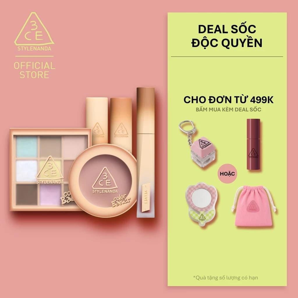3CE BST COLOR BAKER - SON GLAZY LIP GLOW, SON VELVET PLUSH, MÁ HỒNG FACE BLUSH, BẢNG MẮT MULTI EYE 9 COLORS PALETTE