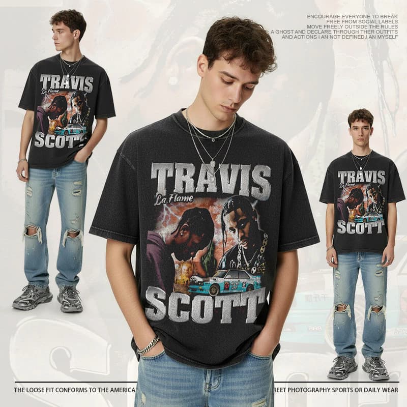 Áo thun ngắn tay xuyên biên giới Hip-Hop Rap Travis Scott in hình áo thun ngắn tay dài được giặt bằng Cotton nặng