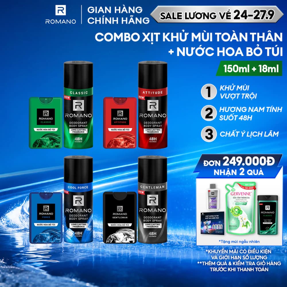 Combo Xịt toàn thân Romano 150ml + Nước hoa nam bỏ túi 18ml