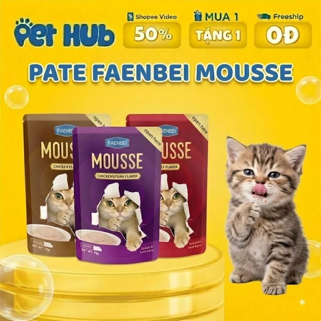 Pate MOUSSE FAENBEI Cho Mèo Gói 85g - Mềm Mịn, Thơm Ngon Tự Nhiên