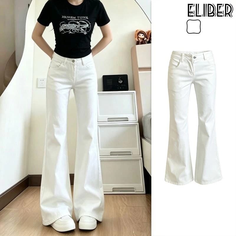 ELIBER- Quần Bò Cạp Cao Màu Trắng Quần Dài Cao Cấp Ống Đứng Tôn Dáng Cho Nữ