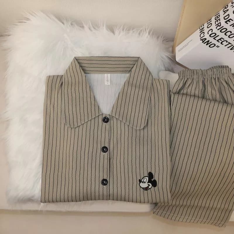 Mây Cotton Kẻ Sọc Ve Áo Cardigan Dài Tay Quần Dài Bộ Đồ Ngủ Mềm Mại Đồ Ngủ Cho Nữ