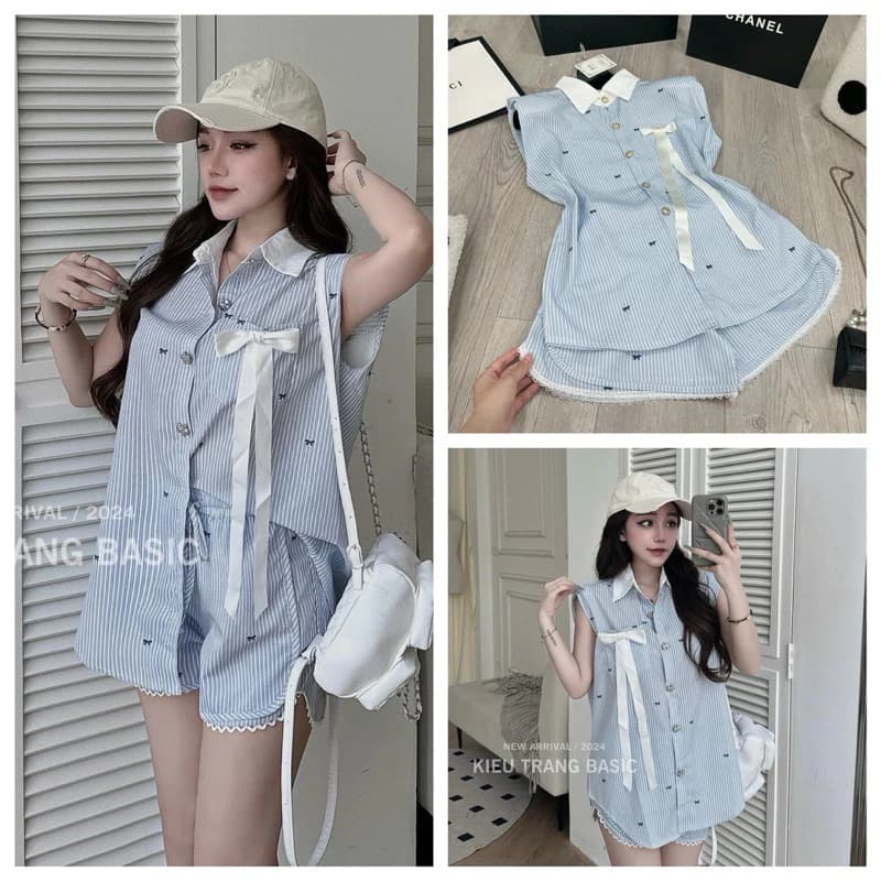 Set kẻ xanh nơ phối cổ hot hit Vải kẻ thô mềm QC hoạ tiết chuẩn mẫu, có đệm vai, nơ cài rời Quần sooc