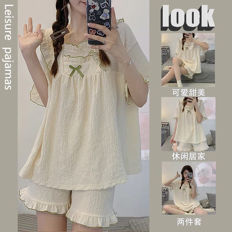 Bộ Đồ Ngủ Nữ Bong Bóng Cotton Nhẹ Thoải Mái Tốt Có Thể Thở Ngắn Tay Bộ Đồ Ngủ Bộ 2 Món Có Thể Mặc Bên Ngoài