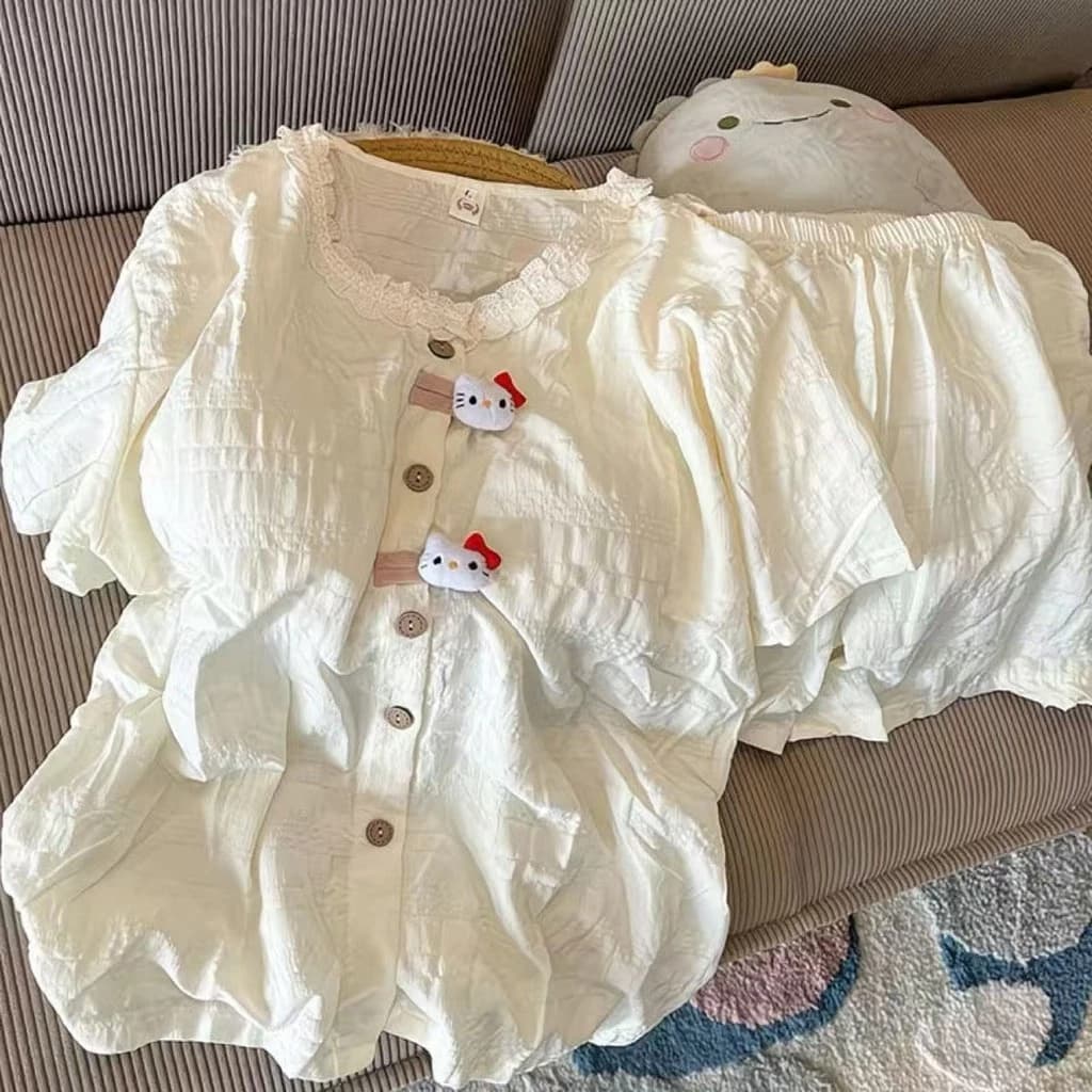 3D Gấu Cardigan Quần Short Tay Ngắn Bộ Đồ Ngủ Ngọt Ngào Đồ Ngủ Cho Nữ
