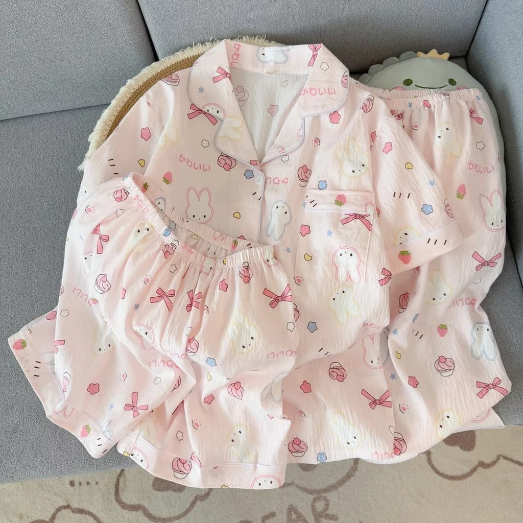 Bộ đồ ngủ nữ 3 món Pijama cotton Mềm mại thoải mái thoáng khí Thêu hoạ tiết dễ thương đồ mặc nhà 353