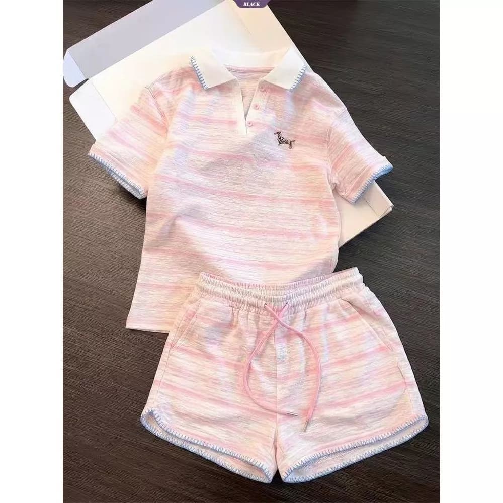 [Pre-Order]-Bộ đồ ngủ Cardigan hoạt hình sọc Dachshund dành cho nữ: Áo và quần Short ngắn tay phong cách mẫu mới