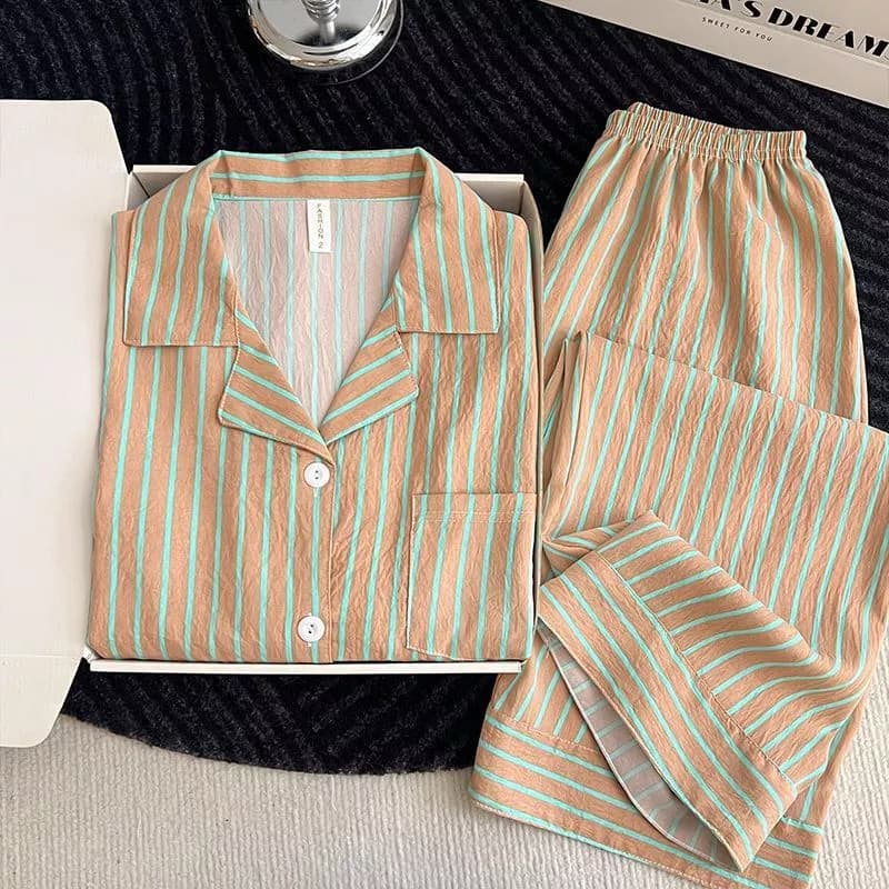 Phiên Bản Hàn Quốc Sọc Mây Bộ Đồ Ngủ Cotton Nữ Xuân Thu Dài Tay Quần Rời Mỏng Phong Cách Homewear Phù Hợp Với