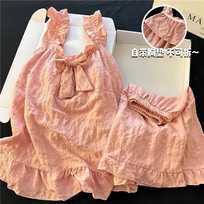 Bộ đồ ngủ nữ hè hai dây bản to mút ngực babydoll dễ thương kèm nơ nổi cute đi chơi đi dạo phố đáng yêu sexy mát mẻ 091