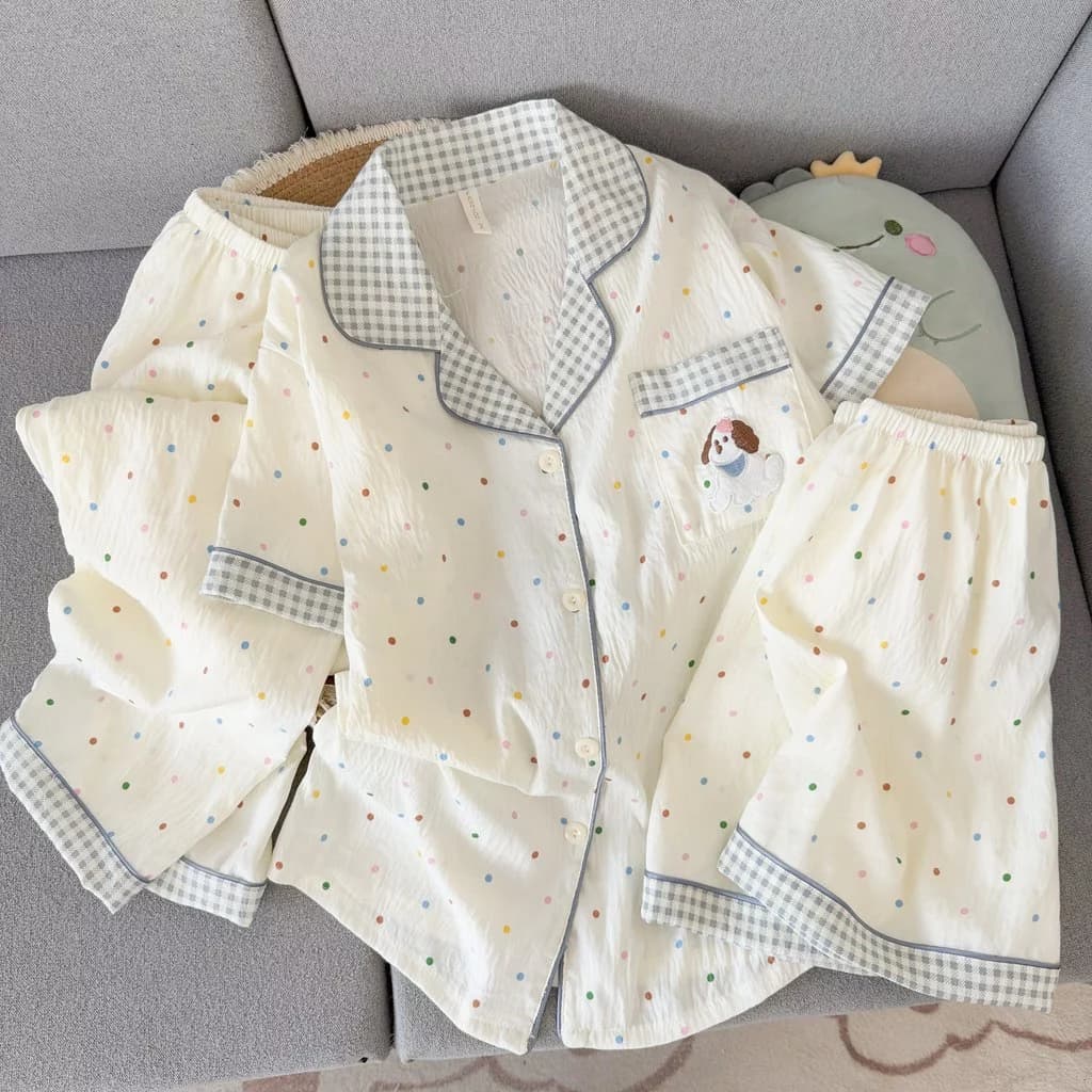 Bộ đồ ngủ nữ 3 món Pijama cotton Mềm mại thoải mái thoáng khí Thêu hoạ tiết dễ thương đồ mặc nhà 383