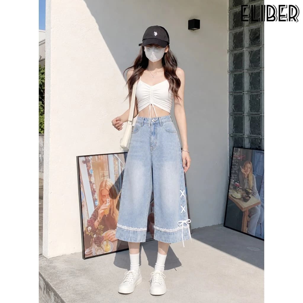 ELIBER- Quần Bảy Tấc Ống Rộng Đường Phố Quần Short Ren Cạp Cao Đường Phố Rộng Rãi Dễ Phối Cho Nữ