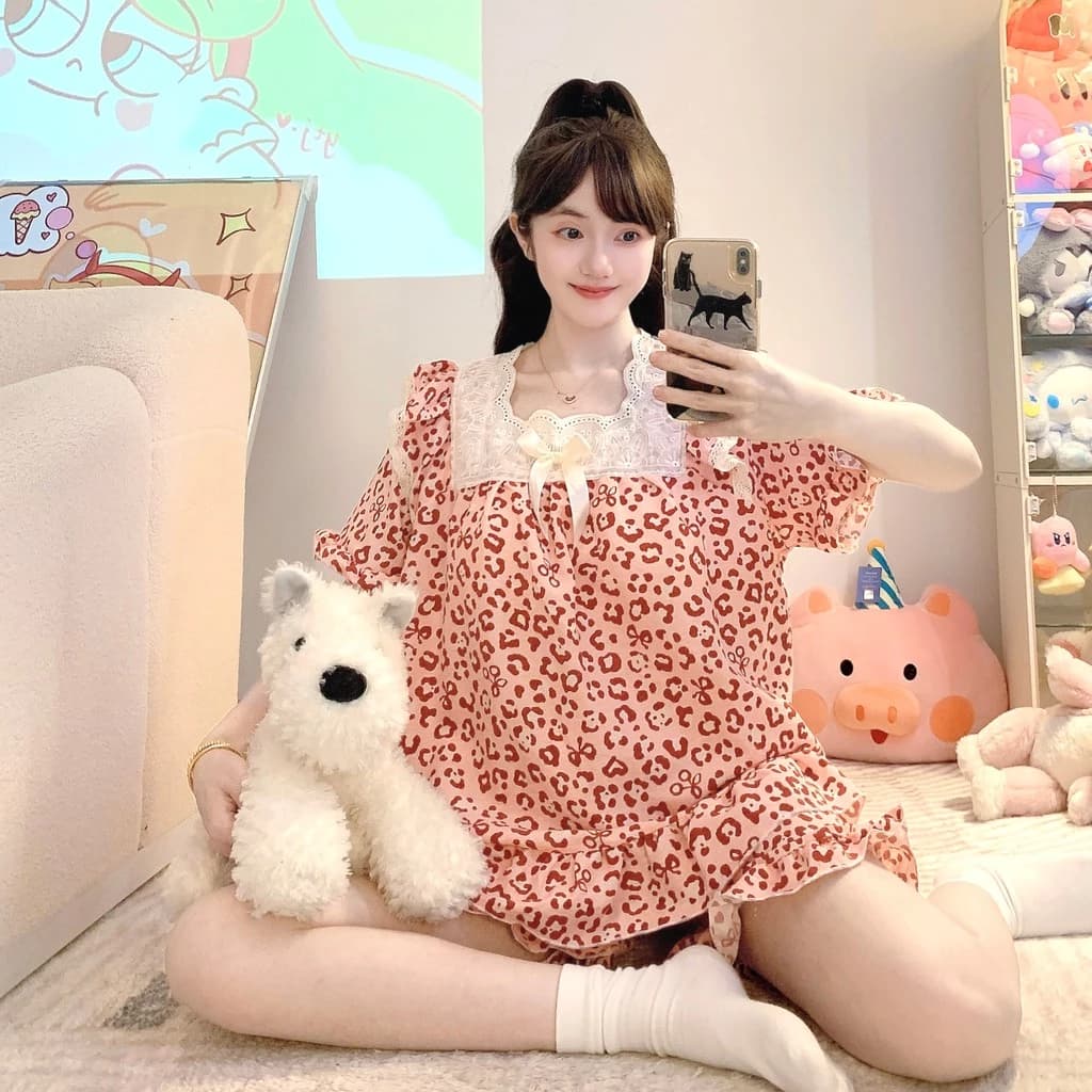 M-5XL Plus size Bộ Đồ Ngủ Nữ Đệm Bộ Đồ Ngủ Mùa Hè Tay Ngắn Đồ Ngủ Người Phụ Nữ Rời Da Báo Dễ Thương Mặc Nhà Mỏng