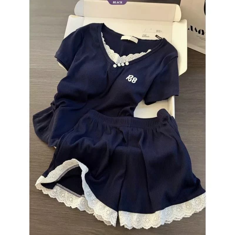 Hannie_Oder-Bộ đồ ngủ ren ngắn tay màu xanh hải quân dành cho nữ có cốc và quần Short có đệm — Bộ đồ ngủ mùa hè [hàng QC