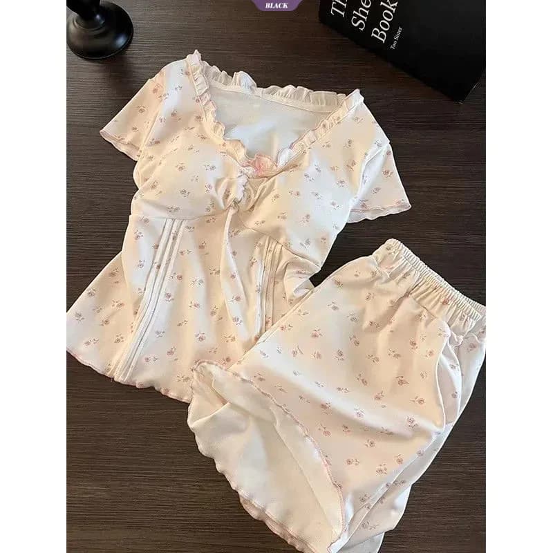Hannie_Oder-Bộ đồ ngủ ngắn tay mùa hè có đệm áo ngực tích hợp cho nữ: in hoa ngọt ngào, Bộ đồ ngủ sành điệu hàng mới