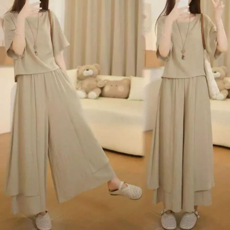 Bộ đồ phù hợp với tính khí lười biếng Áo mỏng dáng rộng mỏng hơn Bộ đồ hai mảnh Culottes ống rộng [Kho Trung Quốc đại lục