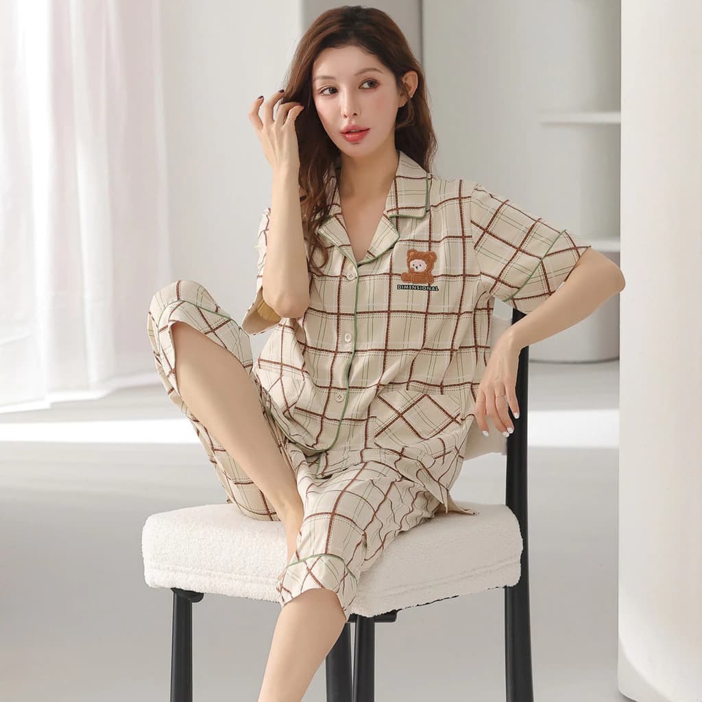Bộ Đồ Ngủ Nữ 3/ 4 Chiều Dài Bộ Đồ Ngủ Mùa Hè Tay Ngắn Plus Kích Thước Đồ Ngủ Người Phụ Nữ Cotton Nguyên Chất Kẻ Sọc Dễ Thương Da Báo Sọc Mặc Nhà M-4XL